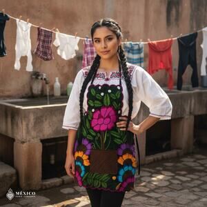 Mexican Embroidered Bib Apron for Women – Multicolor with Floral Design